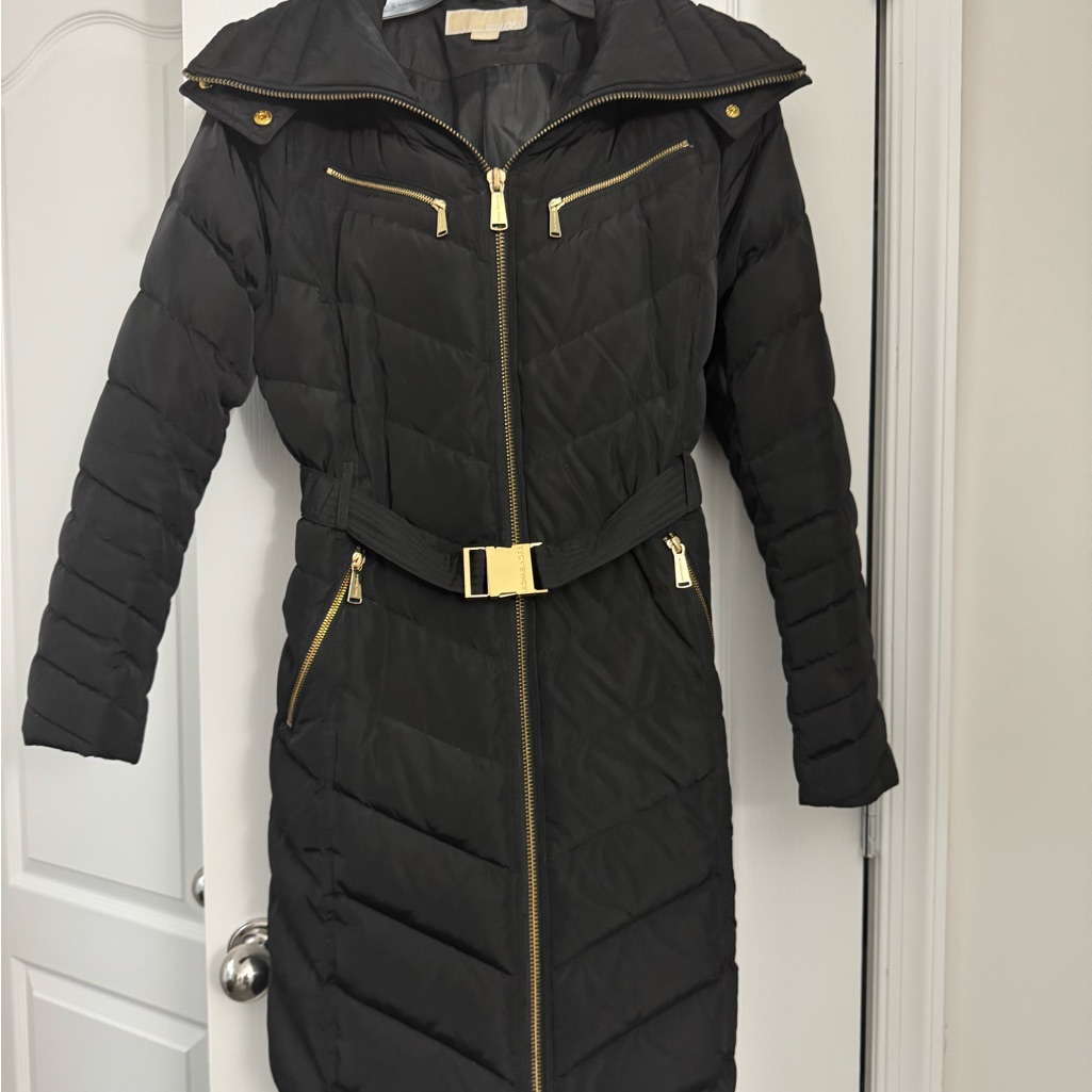 Michael Kors Black And Gold Puffer Coat With Hood